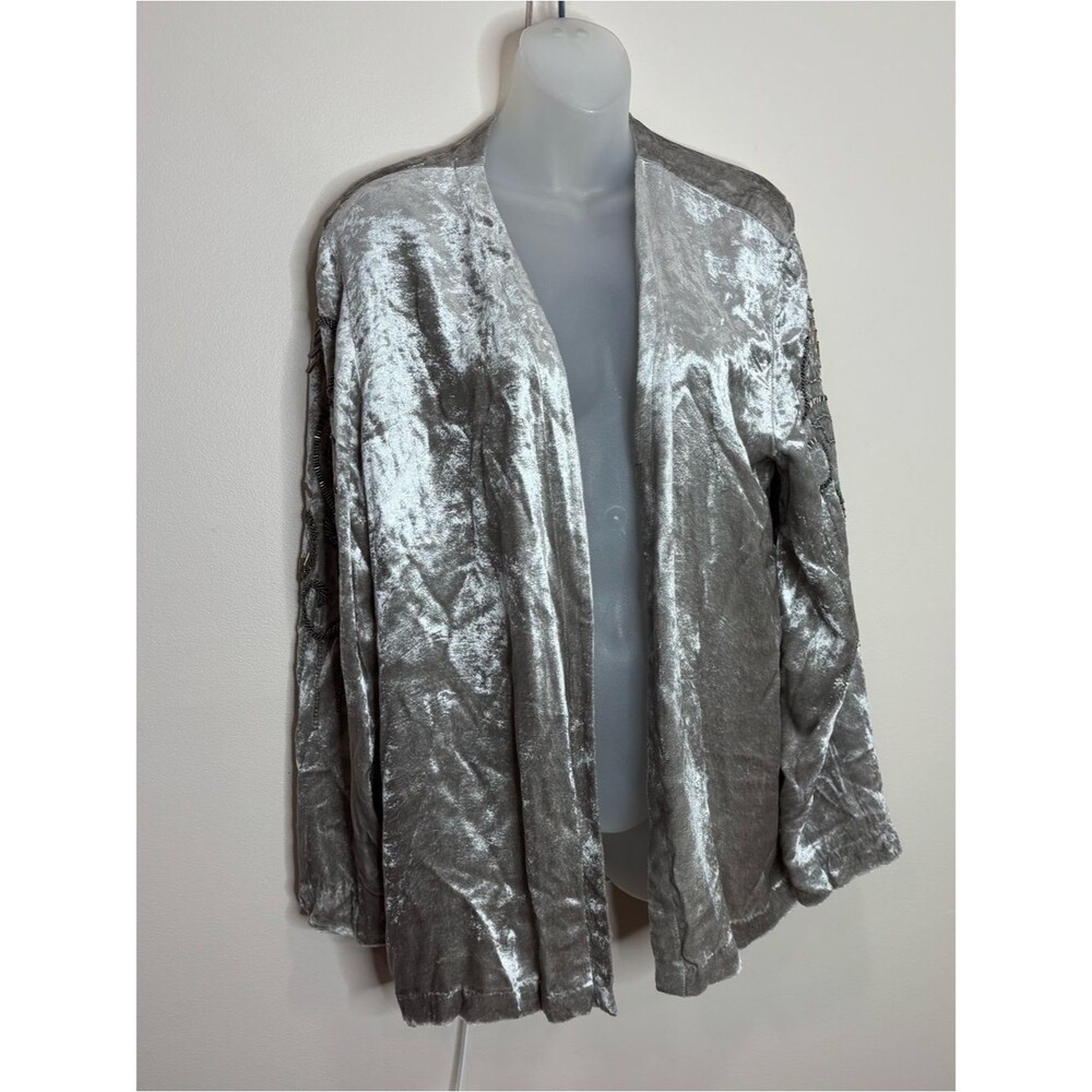 Chico's Silver Velvet Embellished beaded Jacket Open front Cardigan NWT 2